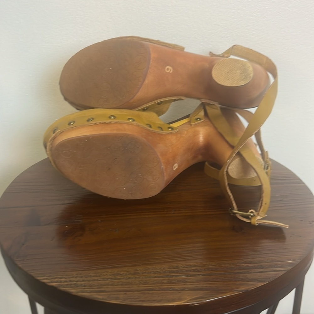 Flogg brand Tan Suede Clogs With Wrap Around Ankle Strap with buckle. - Picture 9 of 10
